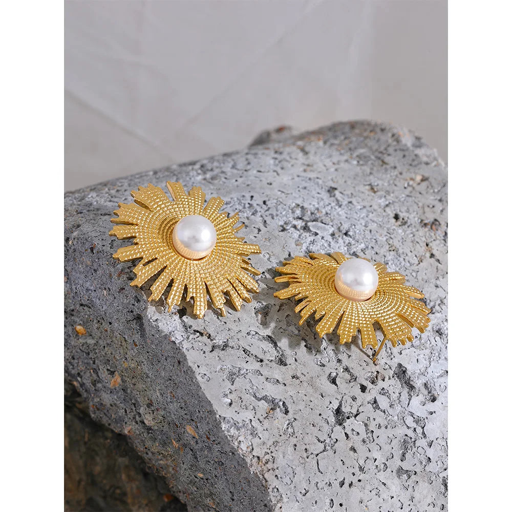 Vintage Pearls Stainless Steel Sun Flower Stud Earrings