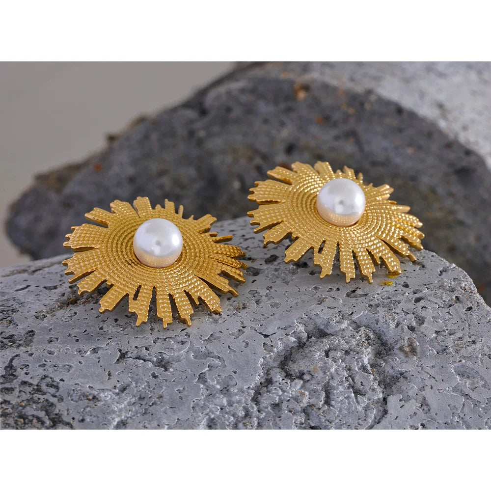 Vintage Pearls Stainless Steel Sun Flower Stud Earrings