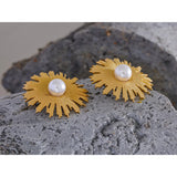 Vintage Pearls Stainless Steel Sun Flower Stud Earrings