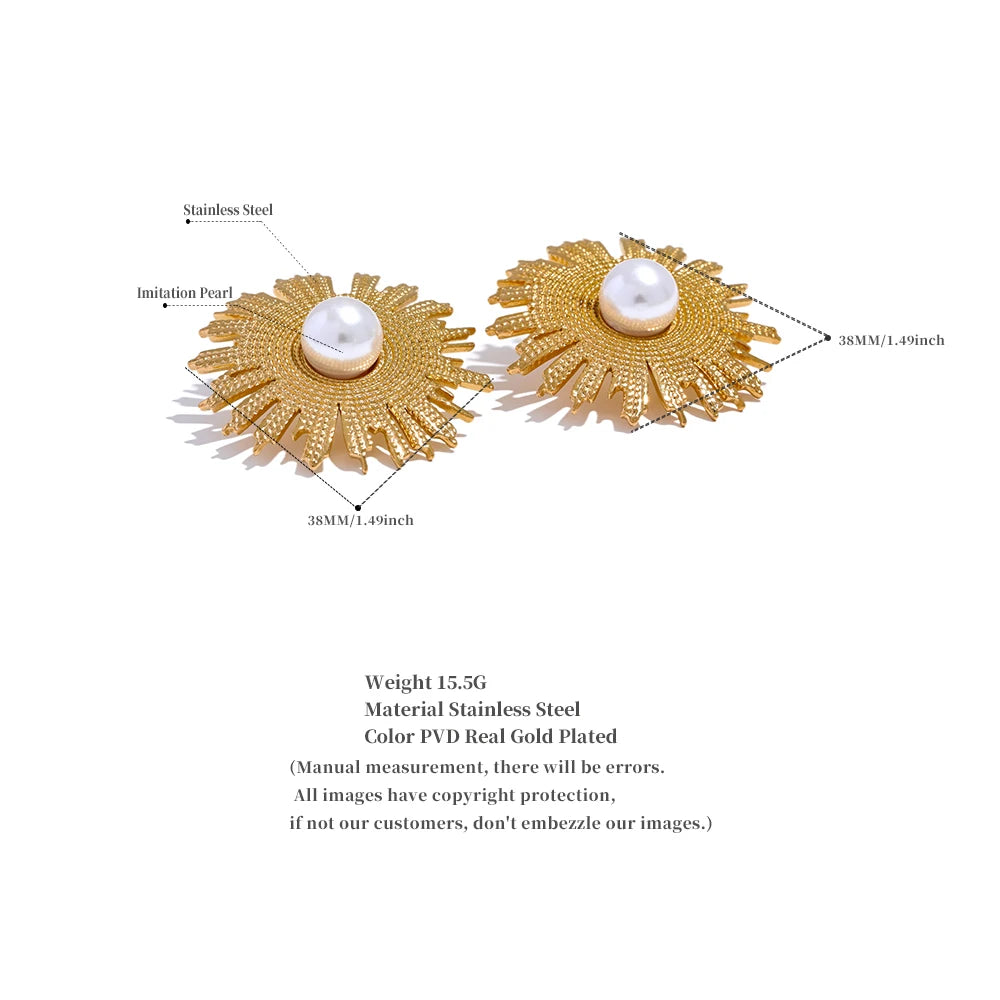Vintage Pearls Stainless Steel Sun Flower Stud Earrings