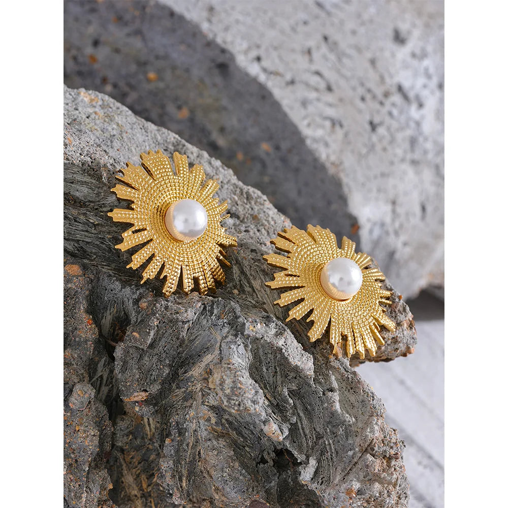 Vintage Pearls Stainless Steel Sun Flower Stud Earrings
