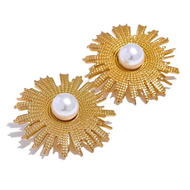 Vintage Pearls Stainless Steel Sun Flower Stud Earrings