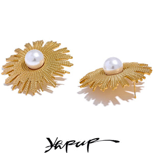 Vintage Pearls Stainless Steel Sun Flower Stud Earrings