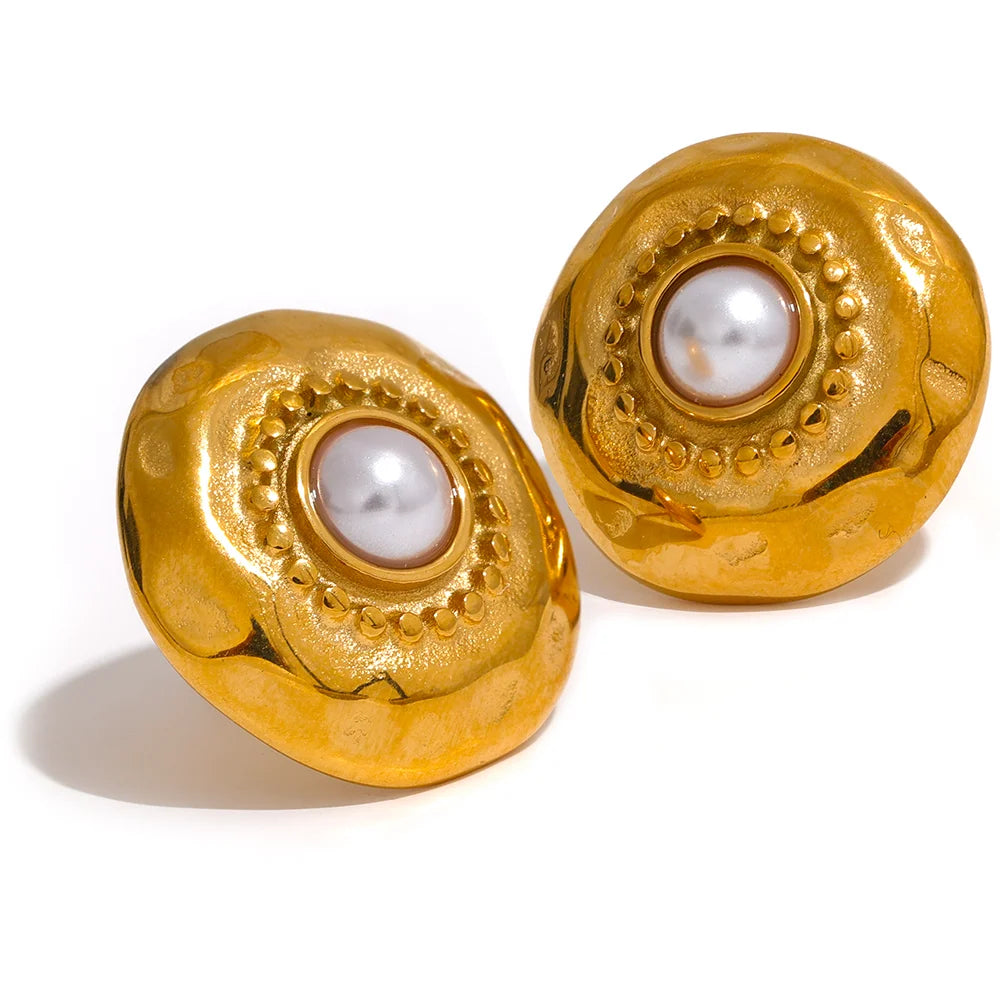 Vintage Round Stainless Steel Stud Earrings Women Pvd Plated Charms Jewelry