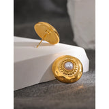 Vintage Round Stainless Steel Stud Earrings Women Pvd Plated Charms Jewelry