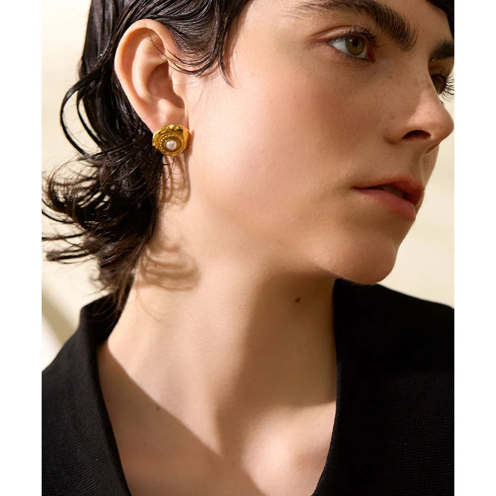 Vintage Round Stainless Steel Stud Earrings Women Pvd Plated Charms Jewelry