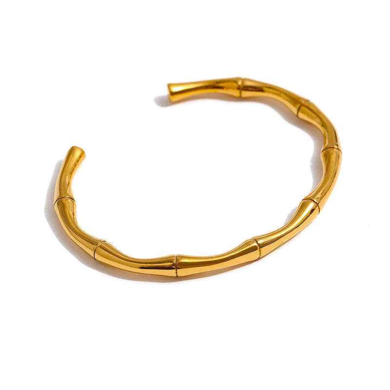Waterproof Stainless Steel Bamboo Cuff Bangle Bracelet 18K Plated Charm