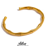 Waterproof Stainless Steel Bamboo Cuff Bangle Bracelet 18K Plated Charm
