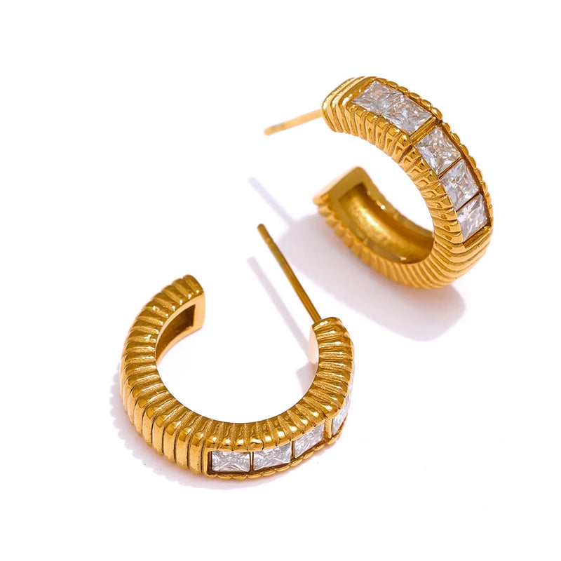 Waterproof Stainless Steel Zirconia Earrings Geometric Round Golden Charm