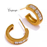 Waterproof Stainless Steel Zirconia Earrings Geometric Round Golden Charm