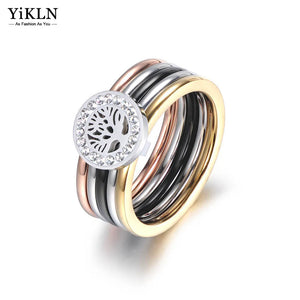 Colorful CZ Crystal Life Of Tree Rings Stainless Steel Engagement Ring