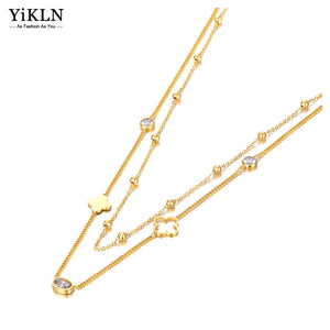 Double-Layer CZ Charm Pendant Necklace Stainless Steel Flower Choker