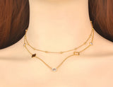 Double-Layer CZ Charm Pendant Necklace Stainless Steel Flower Choker