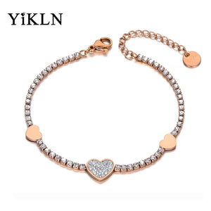 Romantic Rhinestone Heart Charm Bracelet Stainless Steel CZ Crystal Chain