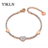 Romantic Rhinestone Heart Charm Bracelet Stainless Steel CZ Crystal Chain