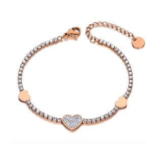 Romantic Rhinestone Heart Charm Bracelet Stainless Steel CZ Crystal Chain