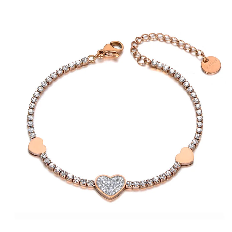 Romantic Rhinestone Heart Charm Bracelet Stainless Steel CZ Crystal Chain