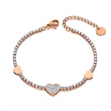 Romantic Rhinestone Heart Charm Bracelet Stainless Steel CZ Crystal Chain