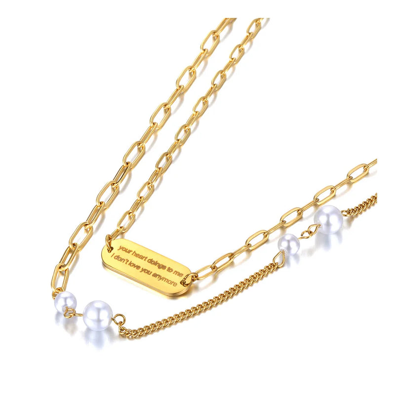 Double Layer Choker Necklace Pearl Link Chain Pendant Jewelry