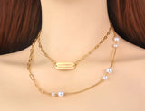 Double Layer Choker Necklace Pearl Link Chain Pendant Jewelry