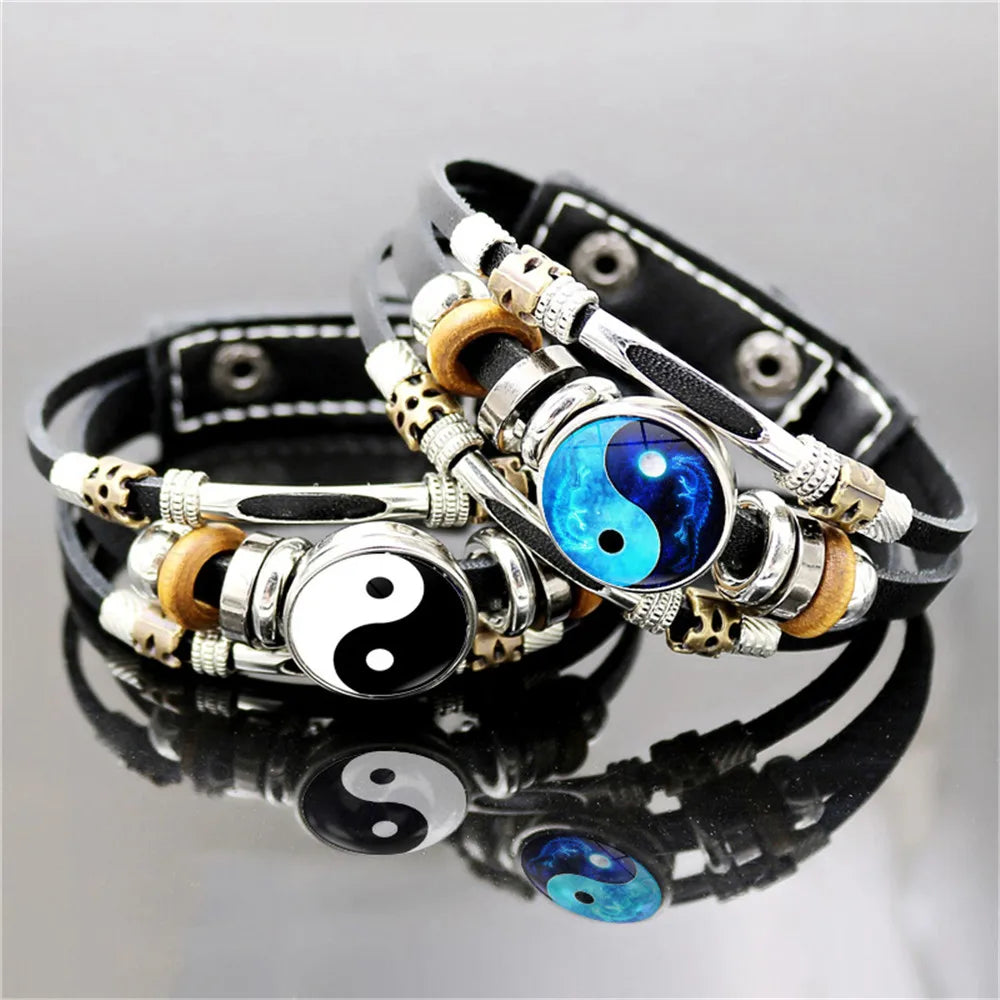 Yin Yang Tai Chi Punk Leather Bracelet