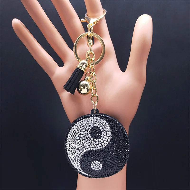 Yin Yang Taichi Symbols Key Chain Crystal Tassel Pendant Keychain