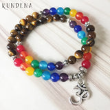 Double Wrap Om Bracelet with Yoga Chakra Beads & Amethysts Tiger Eye for Women