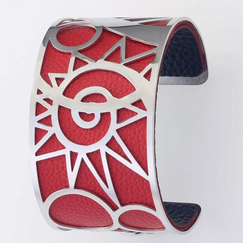 Stainless Steel Bangle with Interchangeable Leather, Geometry Bracelet Femme