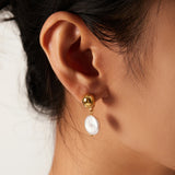 Natural Freshwater Pearl Drop Earrings Stainless Steel Waterproof