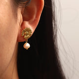 Youthway Stainless Steel Daisy Stud Earrings Freshwater Pearl French Jewelry