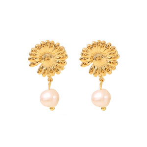 Youthway Stainless Steel Daisy Stud Earrings Freshwater Pearl French Jewelry