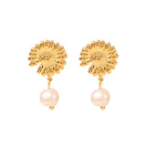 Youthway Stainless Steel Daisy Stud Earrings Freshwater Pearl French Jewelry