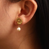 Youthway Stainless Steel Daisy Stud Earrings Freshwater Pearl French Jewelry