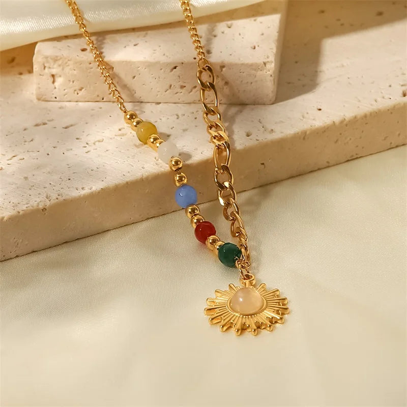 Youthway Sun Pendant Necklace Colored Natural Stone Geometric Pendant