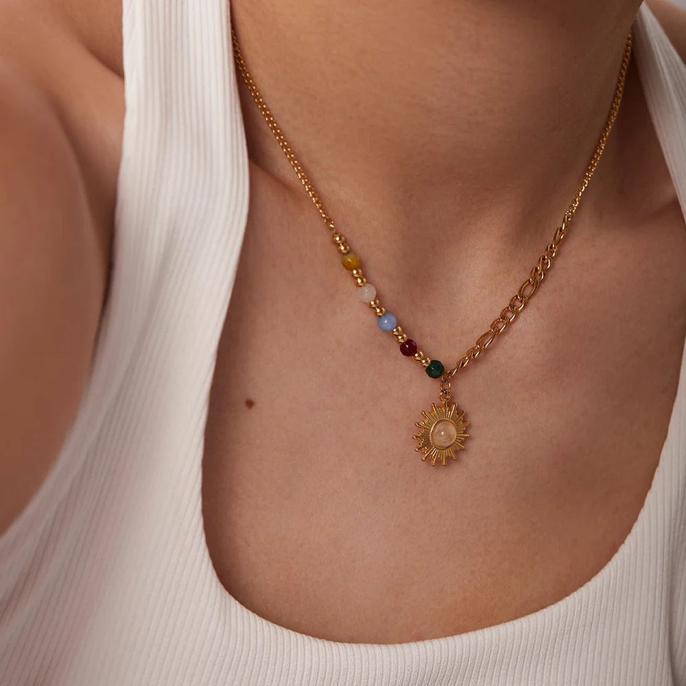 Youthway Sun Pendant Necklace Colored Natural Stone Geometric Pendant