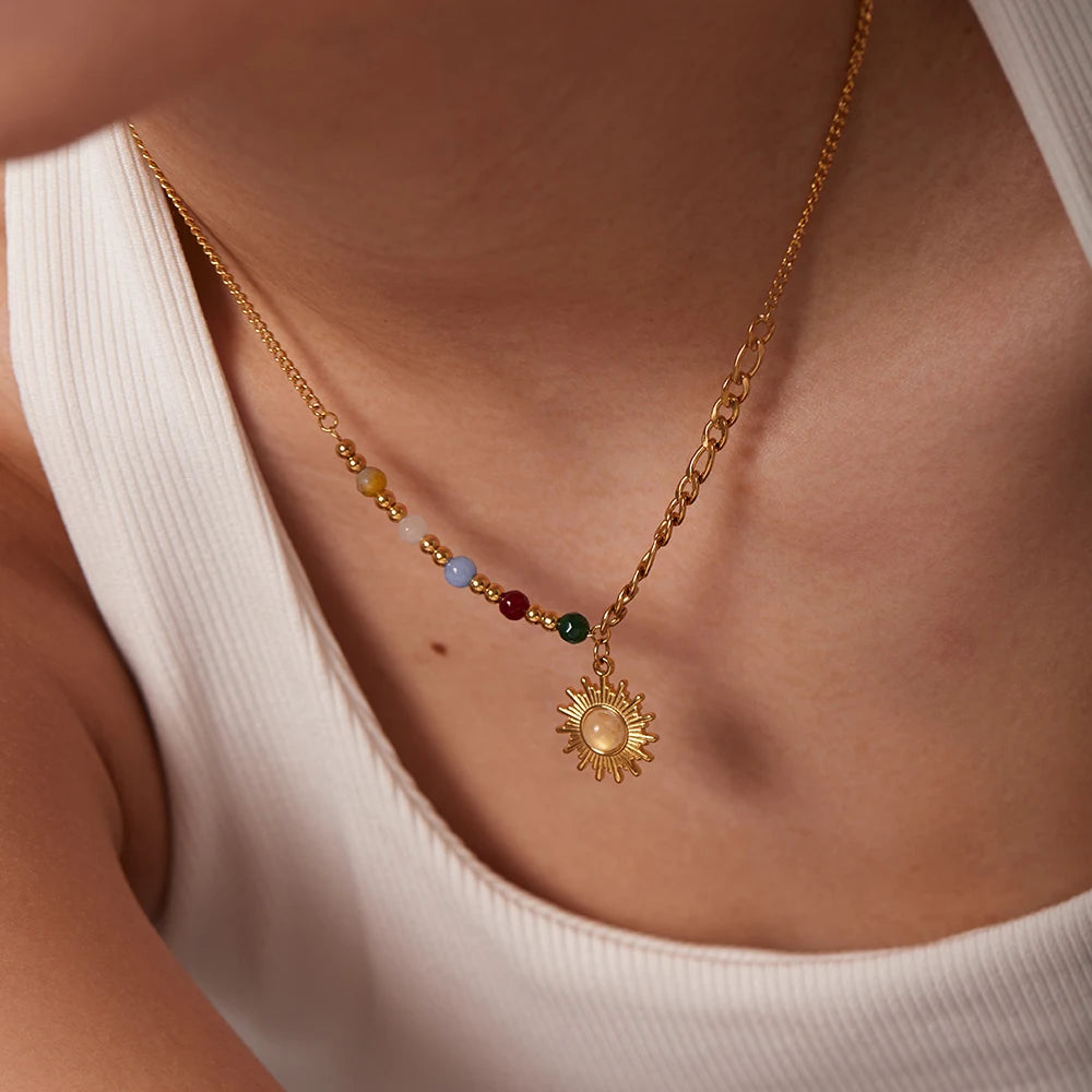 Youthway Sun Pendant Necklace Colored Natural Stone Geometric Pendant