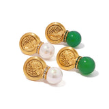 Vintage Stainless Steel Coin Pearl Dangle Earrings 18K PVD Plated