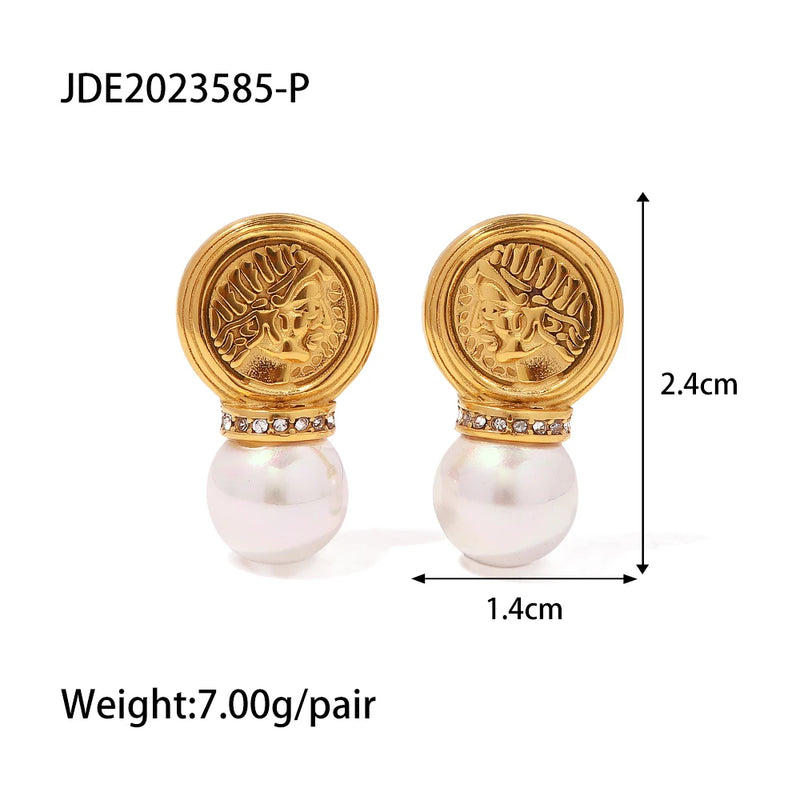 Vintage Stainless Steel Coin Pearl Dangle Earrings 18K PVD Plated