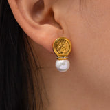 Vintage Stainless Steel Coin Pearl Dangle Earrings 18K PVD Plated
