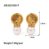 Vintage Stainless Steel Coin Pearl Dangle Earrings 18K PVD Plated