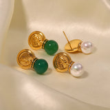 Vintage Stainless Steel Coin Pearl Dangle Earrings 18K PVD Plated
