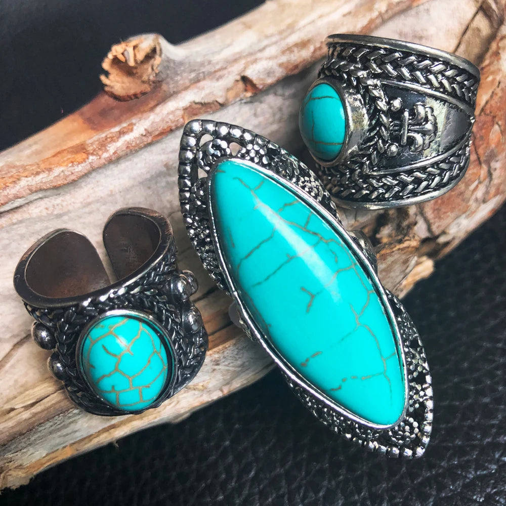 Tibetan Silver Turquoise Ring Vintage Women 3 Model Finger Jewelry
