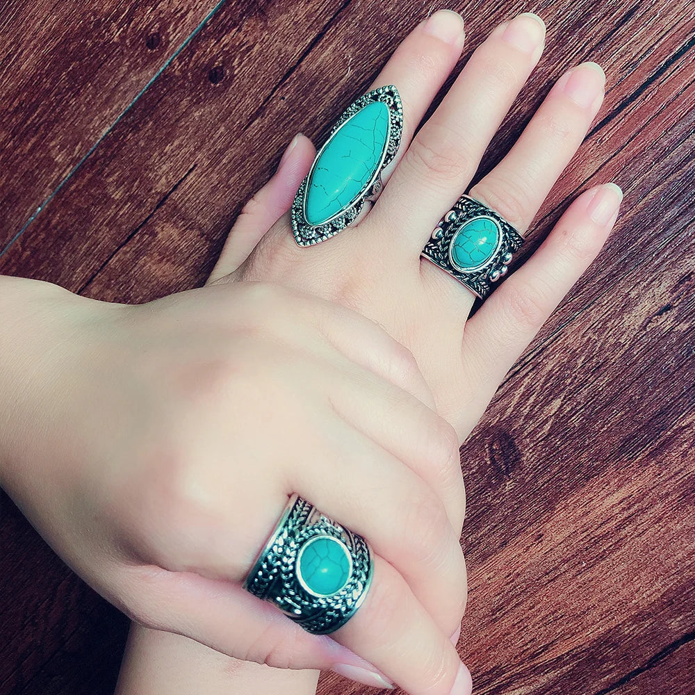 Tibetan Silver Turquoise Ring Vintage Women 3 Model Finger Jewelry