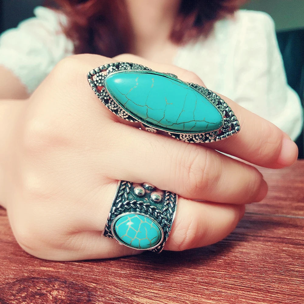 Tibetan Silver Turquoise Ring Vintage Women 3 Model Finger Jewelry