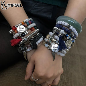 Yumfeel Bohemia Vintage Feather Tassel Bracelet Set