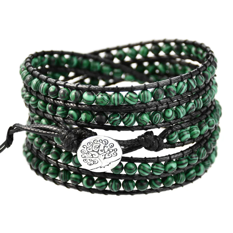 Yumfeel Malachite Beaded Leather Wrap Bracelet, 5 Layers