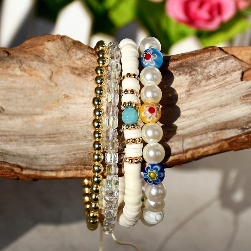 Yumfeel Boho Glass Beads Pearl Crystal Bracelet Set