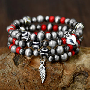 Vintage Navajo Pearl Red Turquoise Bracelet Western Style Heart Charm