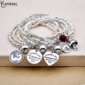 Vintage Silver Plated Heart Bracelet Double Layer Beaded Women Jewelry