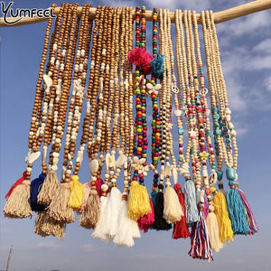 Vintage Wood Beads Necklace Tassel Pendant Bohemian Charms Jewelry